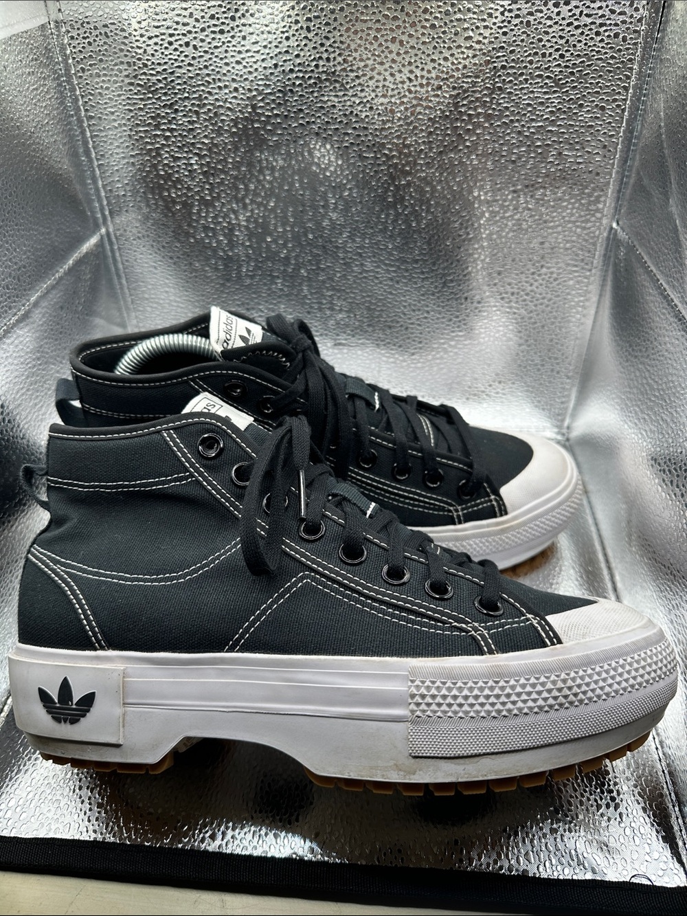 Adidas grunge Black Canvas High-Top Platform Sneakers with White Sole